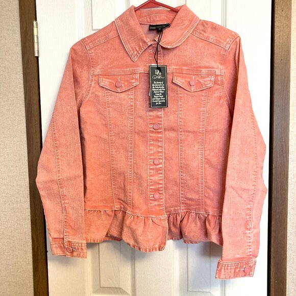 DG2 Diane Gilman Pink Stretch Denim Ruffle Jean Jacket Size M - Picture 1 of 8